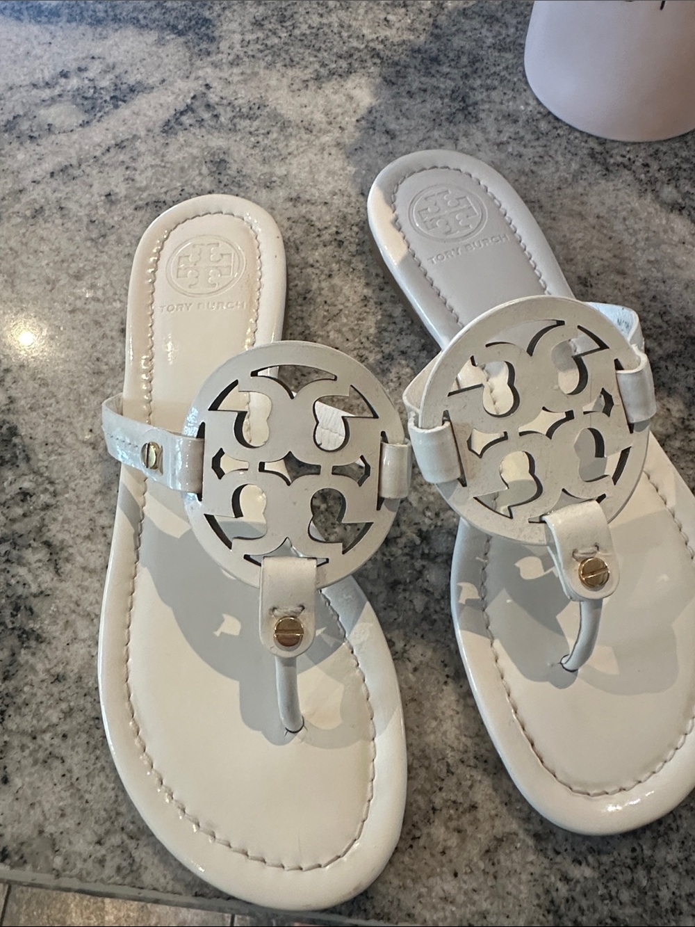 Tory Burch Miller White Patent Leather Logo  Sandals - Picture 2 of 6